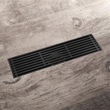 12-Inch Matte Black Rectangular Floor Drain - Square Hole Pattern Cover Grate - Removable - Includes Accessories