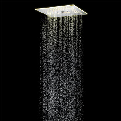 16-Inch Brushed Nickel Flush Mount Rainfall-Waterfall-Mist Hydro-Water Massage, 5-Way Digital Thermostatic Shower System with 64 LED Lights and Bluetooth Music Integration