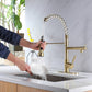 Brushed Gold High Arc brass Kitchen Sink Faucet Pull Down Spray with lock ring and deck plate