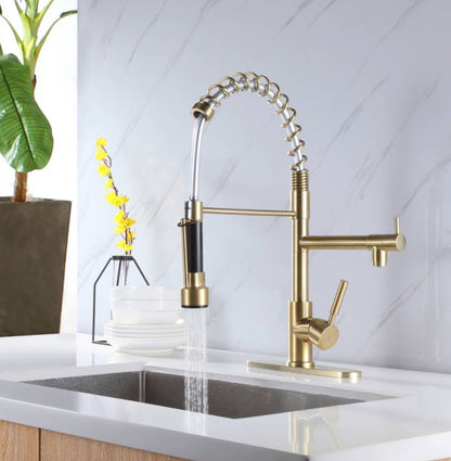 Brushed Gold High Arc brass Kitchen Sink Faucet Pull Down Spray with lock ring and deck plate