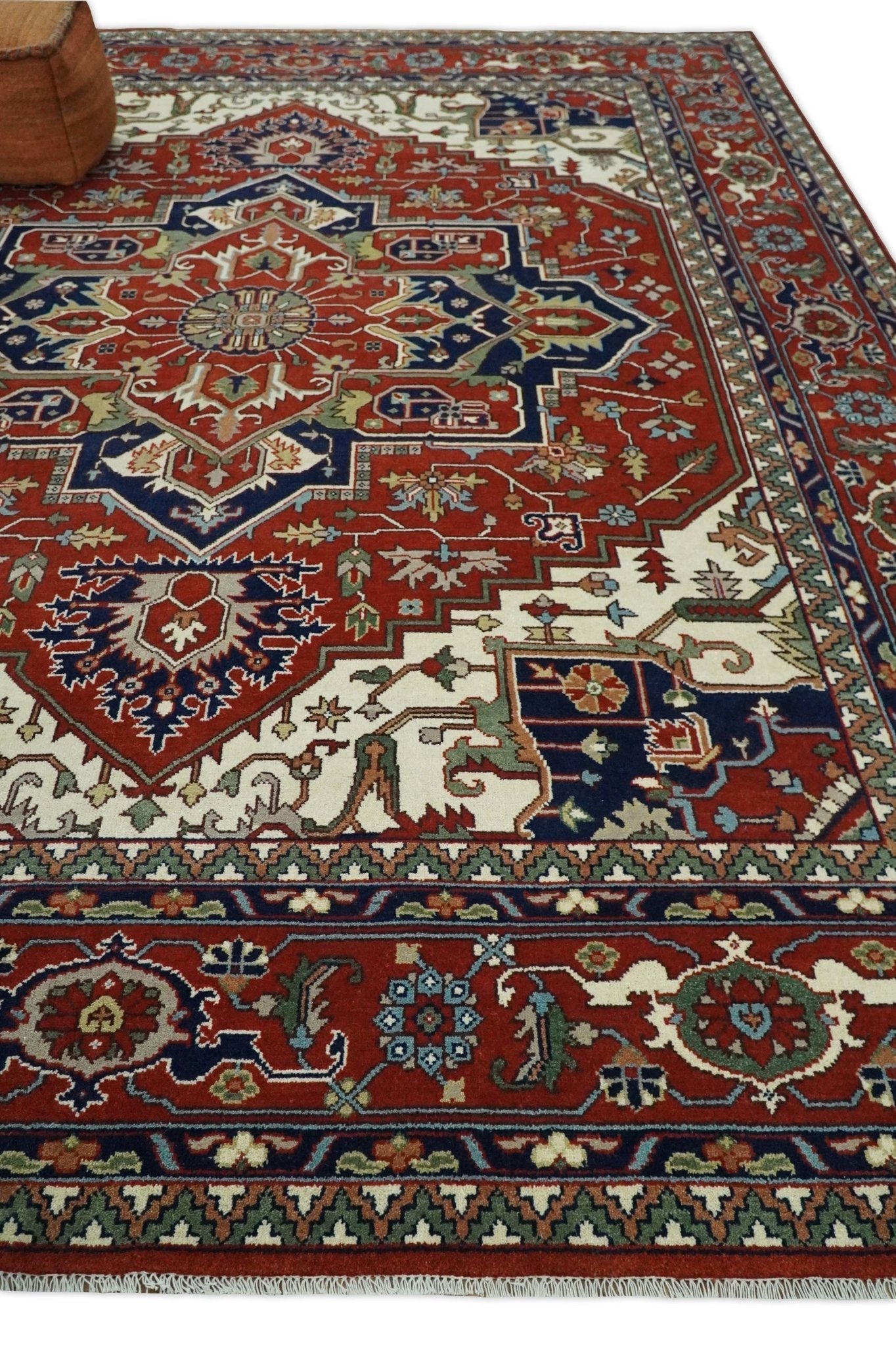 Hand Knotted Red and Ivory Traditional Heriz Serapi Antique Wool Rug