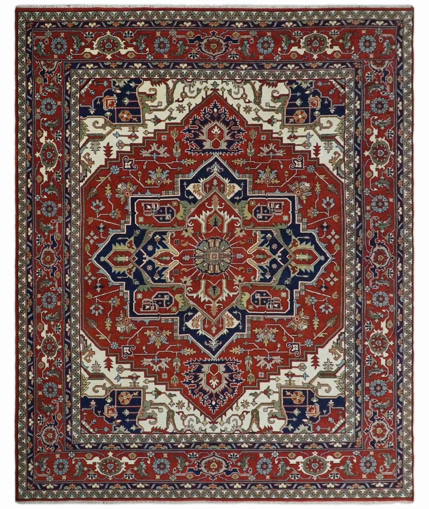 Hand Knotted Red and Ivory Traditional Heriz Serapi Antique Wool Rug