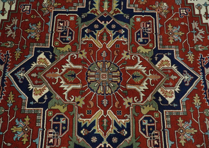 Hand Knotted Red and Ivory Traditional Heriz Serapi Antique Wool Rug