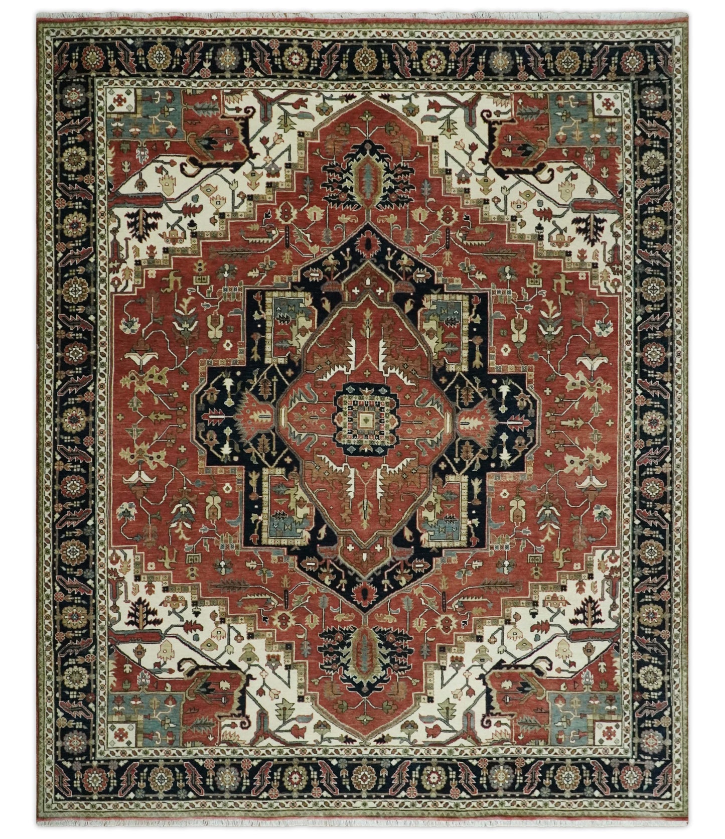 Wool Hand Knotted Heriz Serapi Black, Rust and Ivory Floral Area Rug