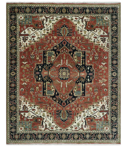 Wool Hand Knotted Heriz Serapi Black, Rust and Ivory Floral Area Rug