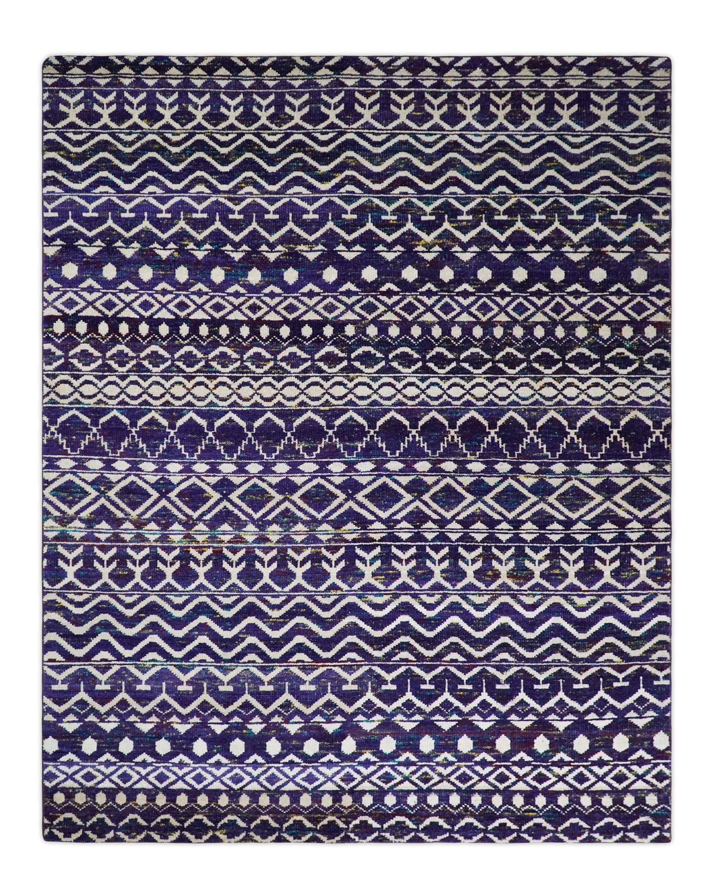 Hand Knotted Blue and White Modern Contemporary Southwestern Tribal Trellis Recycled Silk Area Rug