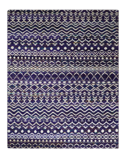 Hand Knotted Blue and White Modern Contemporary Southwestern Tribal Trellis Recycled Silk Area Rug