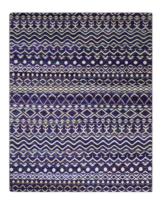 Hand Knotted Blue and White Modern Contemporary Southwestern Tribal Trellis Recycled Silk Area Rug