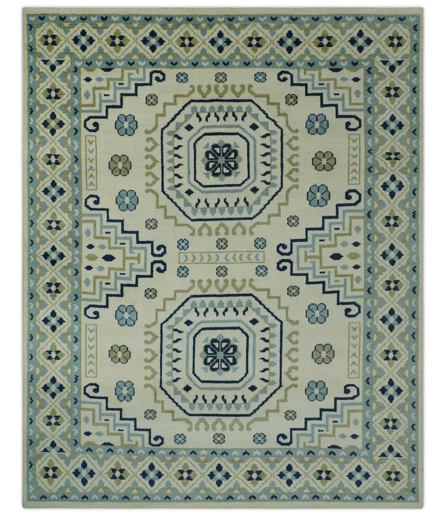 Ivory, Blue and Olive Traditional Mamluk design Custom Made wool area Rug