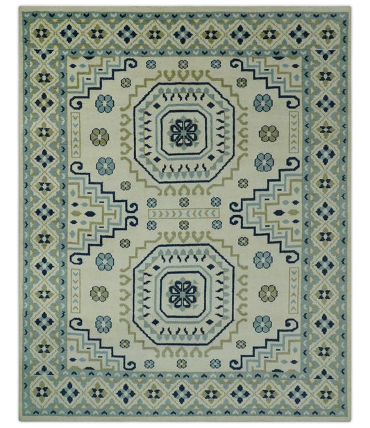 Ivory, Blue and Olive Traditional Mamluk design Custom Made wool area Rug