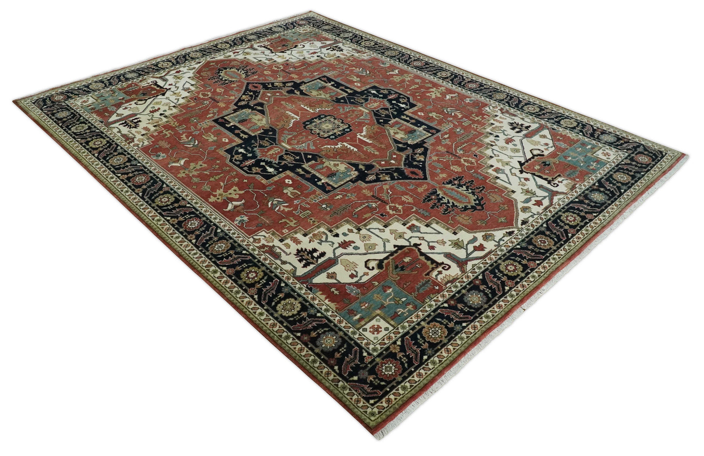 Wool Hand Knotted Heriz Serapi Black, Rust and Ivory Floral Area Rug