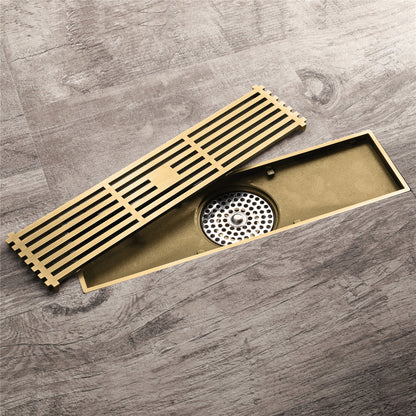 12-Inch Brushed Gold Rectangular Floor Drain - Square Hole Pattern Cover Grate - Removable - Includes Accessories