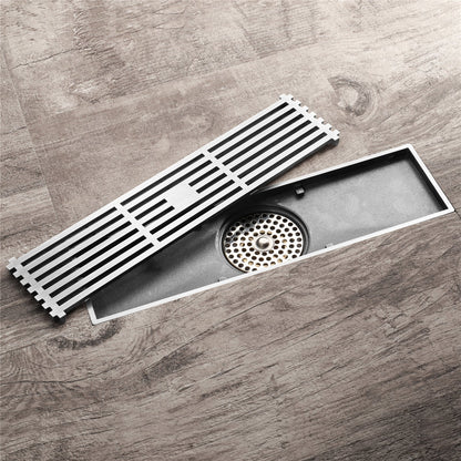 12-Inch Brushed Nickel Rectangular Floor Drain - Square Hole Pattern Cover Grate - Removable - Includes Accessories