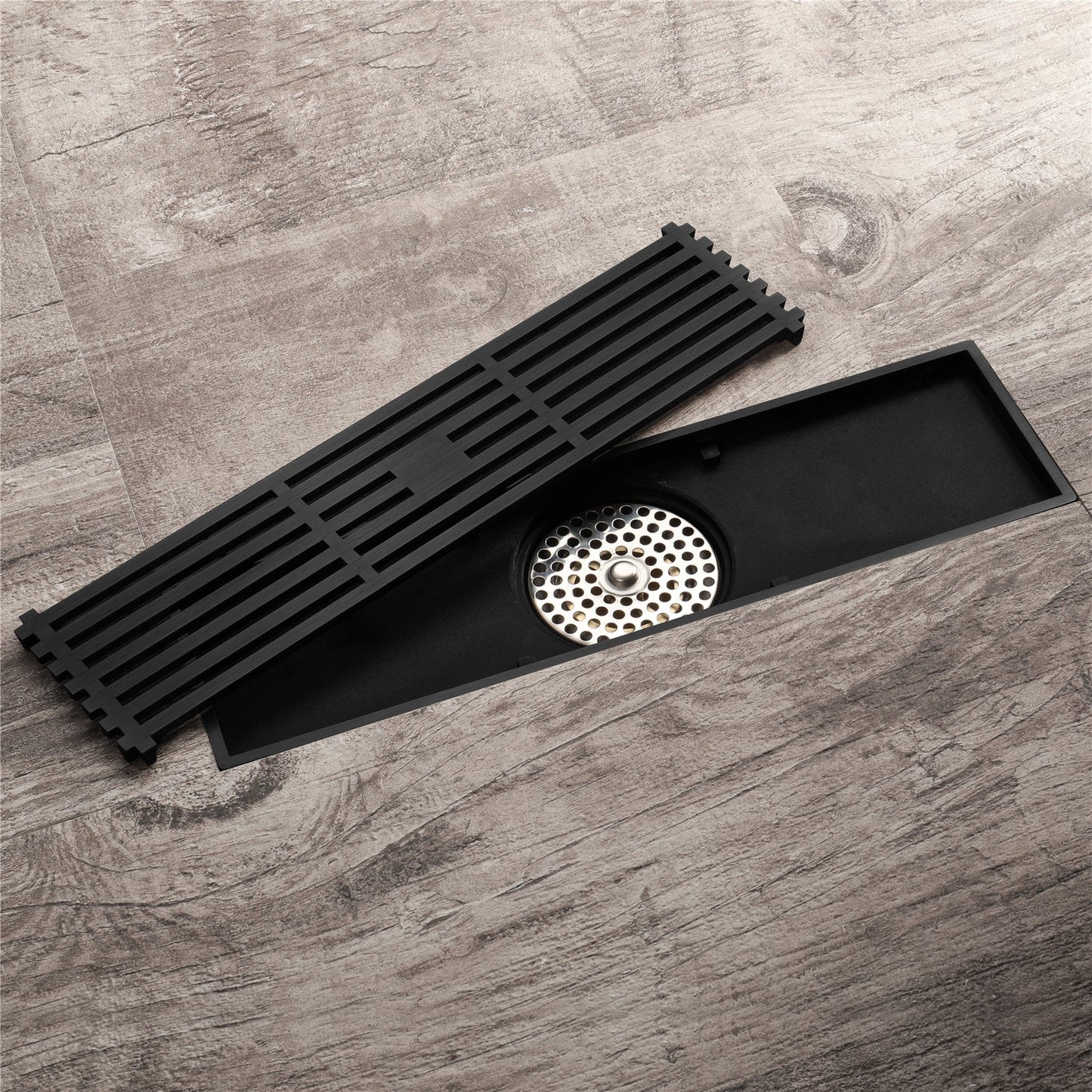 12-Inch Matte Black Rectangular Floor Drain - Square Hole Pattern Cover Grate - Removable - Includes Accessories