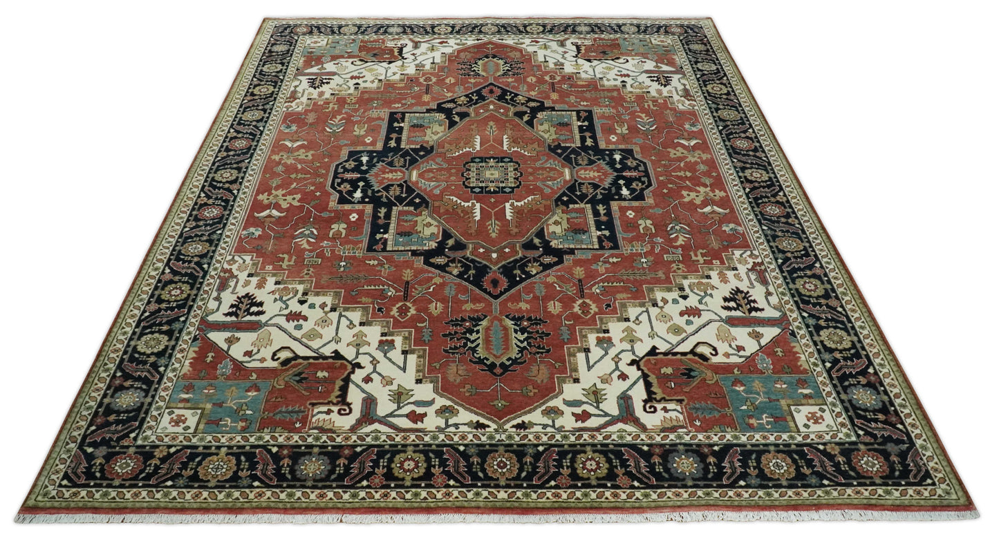 Wool Hand Knotted Heriz Serapi Black, Rust and Ivory Floral Area Rug