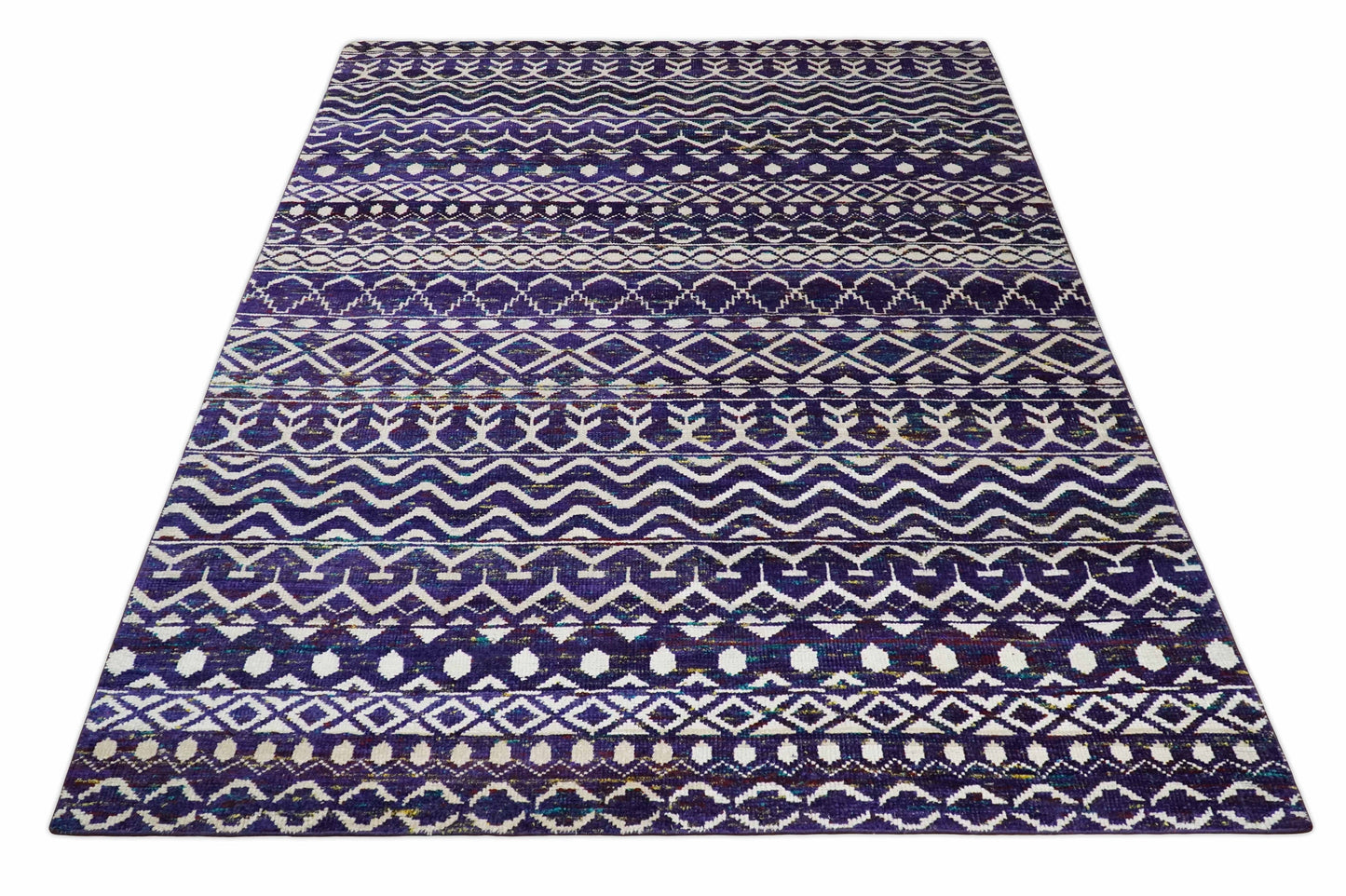 Hand Knotted Blue and White Modern Contemporary Southwestern Tribal Trellis Recycled Silk Area Rug