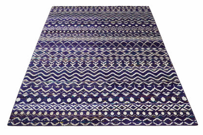 Hand Knotted Blue and White Modern Contemporary Southwestern Tribal Trellis Recycled Silk Area Rug