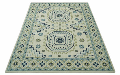 Ivory, Blue and Olive Traditional Mamluk design Custom Made wool area Rug