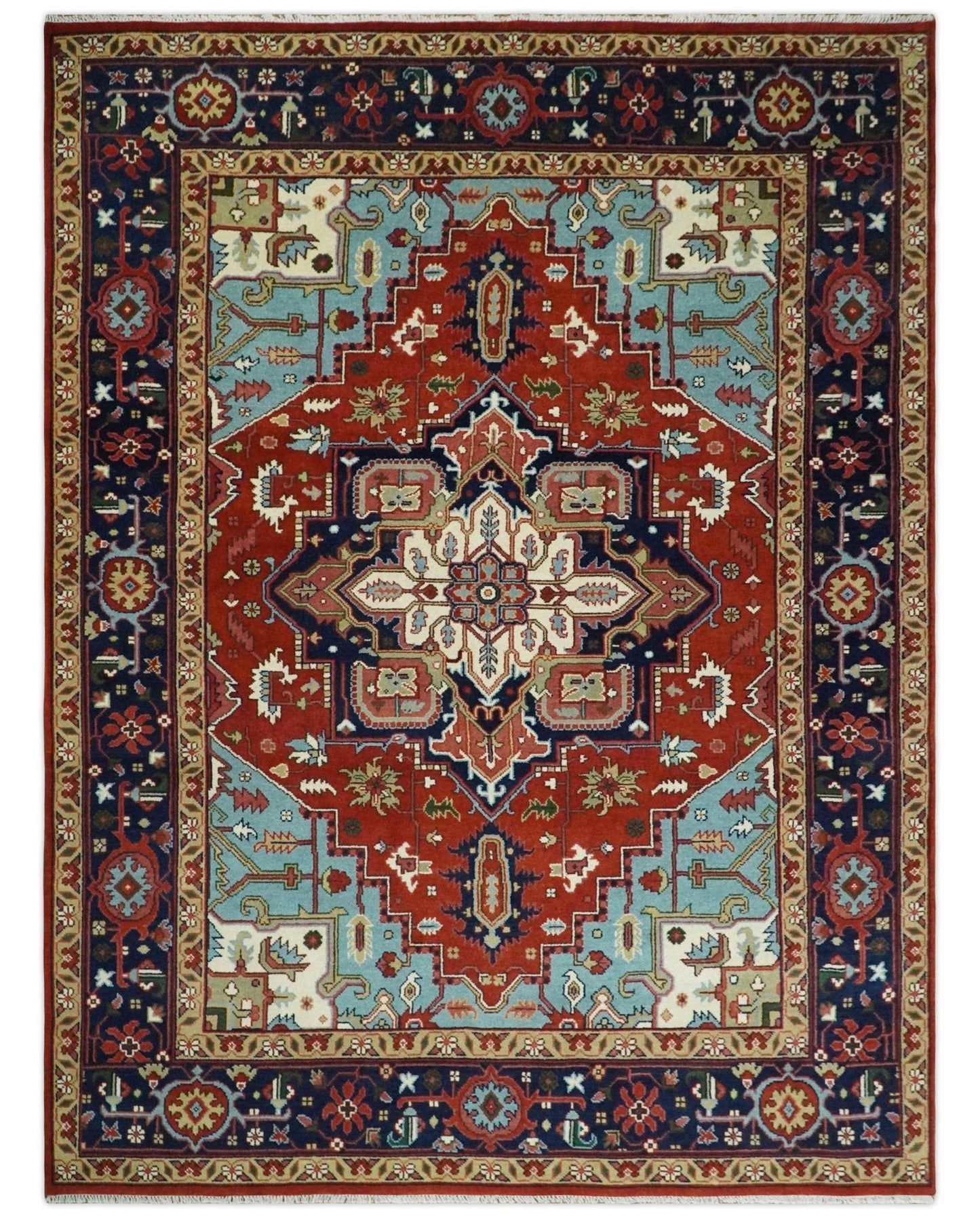 Rust and Blue Hand Knotted Traditional Persian Heriz Serapi Rug