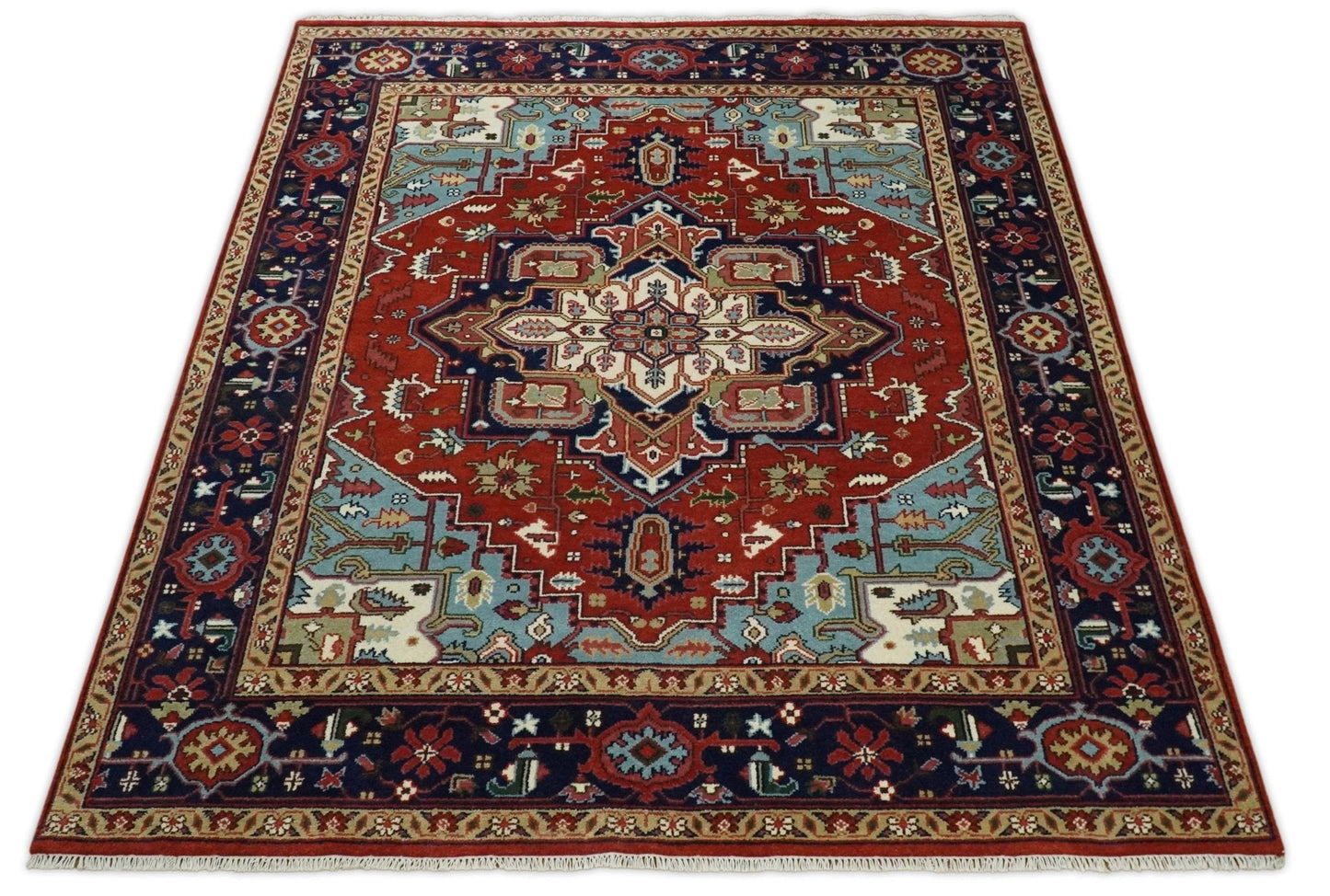 Rust and Blue Hand Knotted Traditional Persian Heriz Serapi Rug