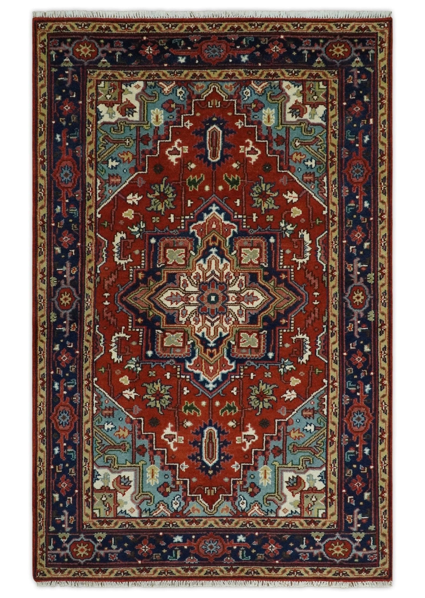 Rust and Blue Hand Knotted Traditional Persian Heriz Serapi Rug