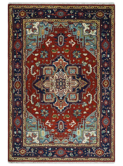 Rust and Blue Hand Knotted Traditional Persian Heriz Serapi Rug