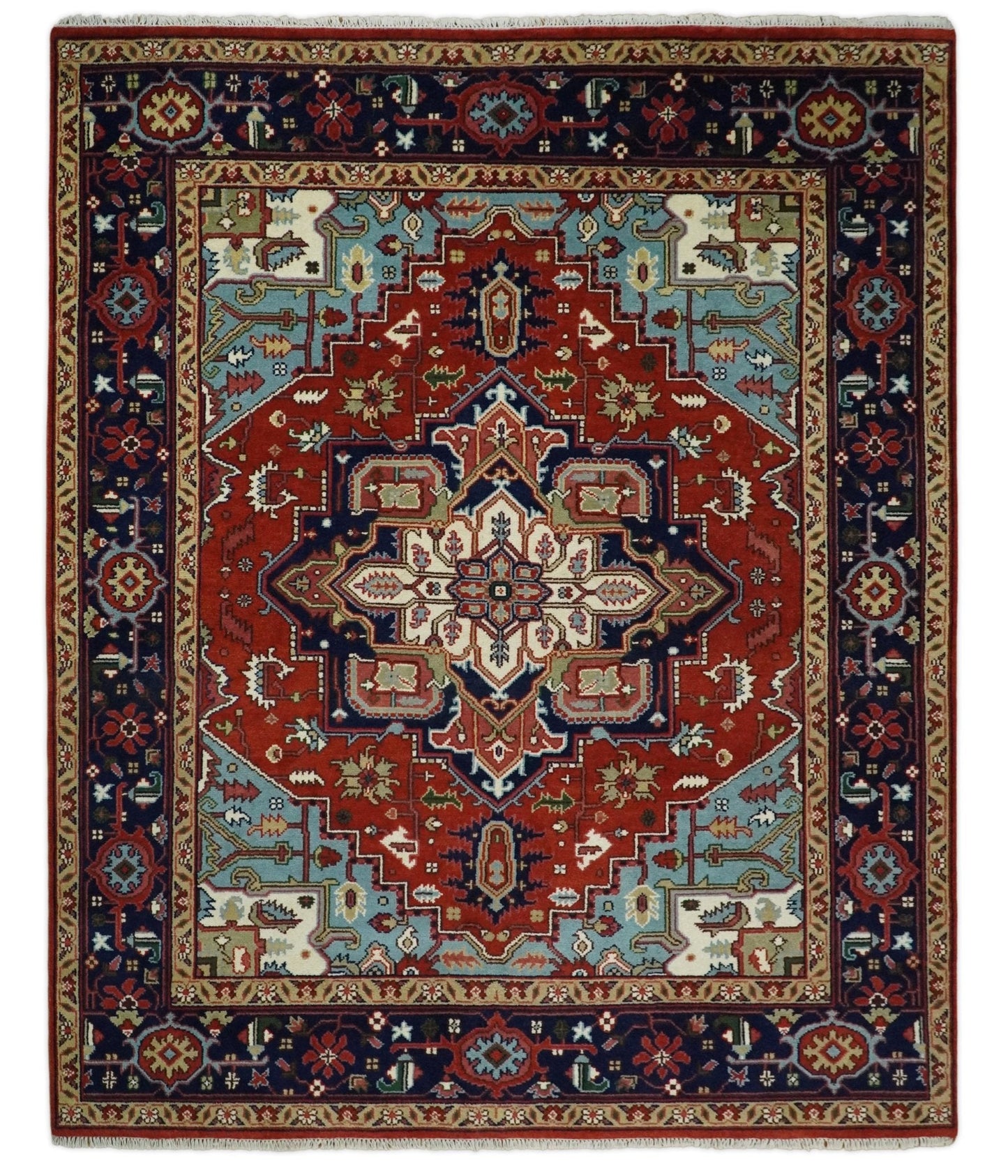 Rust and Blue Hand Knotted Traditional Persian Heriz Serapi Rug