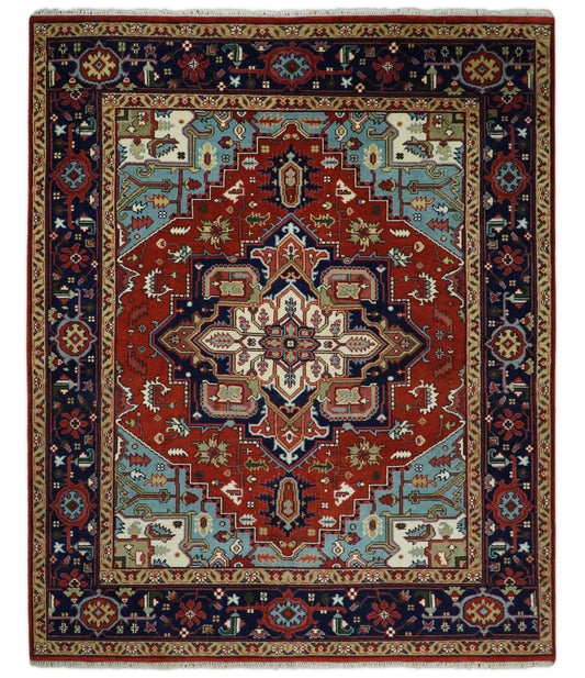 Rust and Blue Hand Knotted Traditional Persian Heriz Serapi Rug