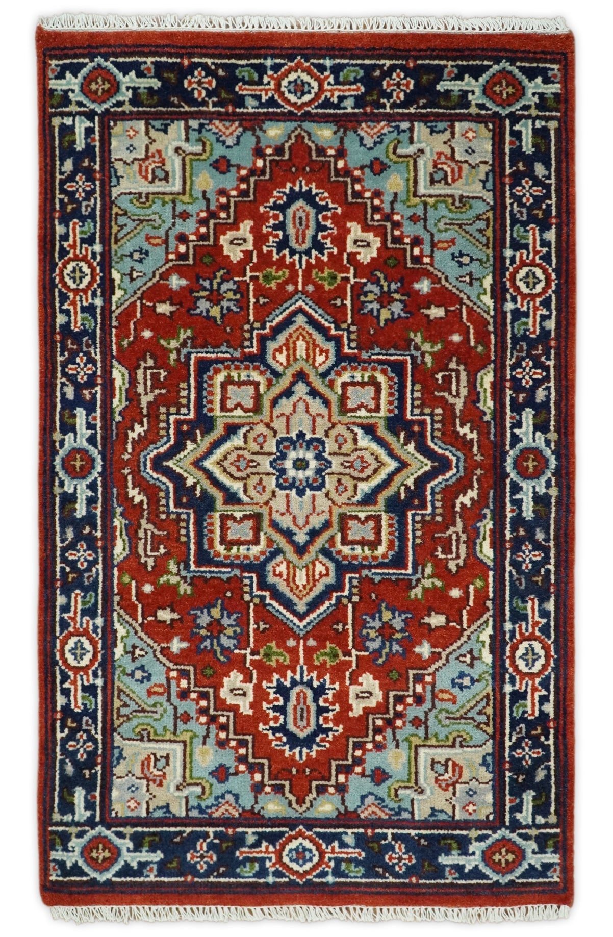 Rust and Blue Hand Knotted Traditional Persian Heriz Serapi Rug