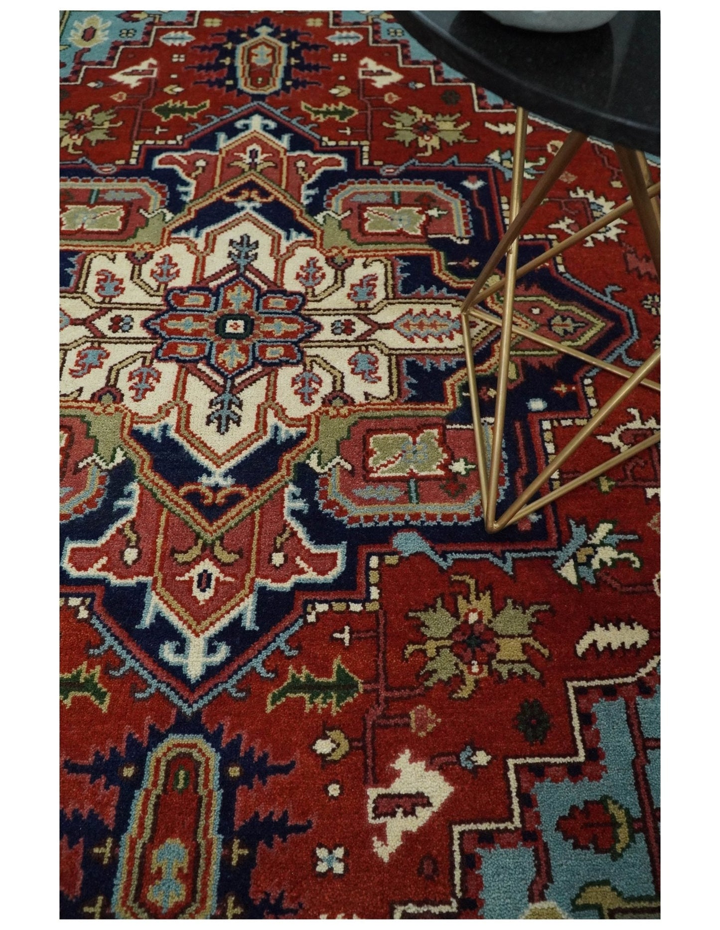 Rust and Blue Hand Knotted Traditional Persian Heriz Serapi Rug