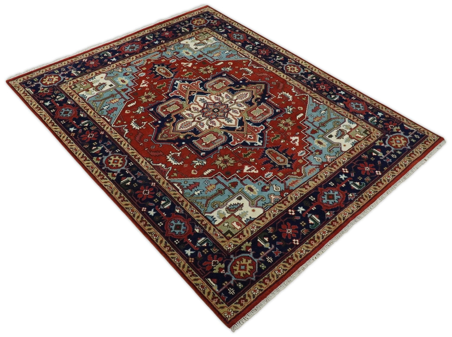 Rust and Blue Hand Knotted Traditional Persian Heriz Serapi Rug