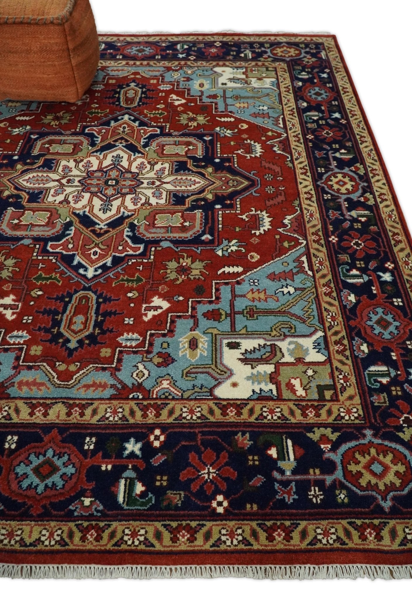 Rust and Blue Hand Knotted Traditional Persian Heriz Serapi Rug