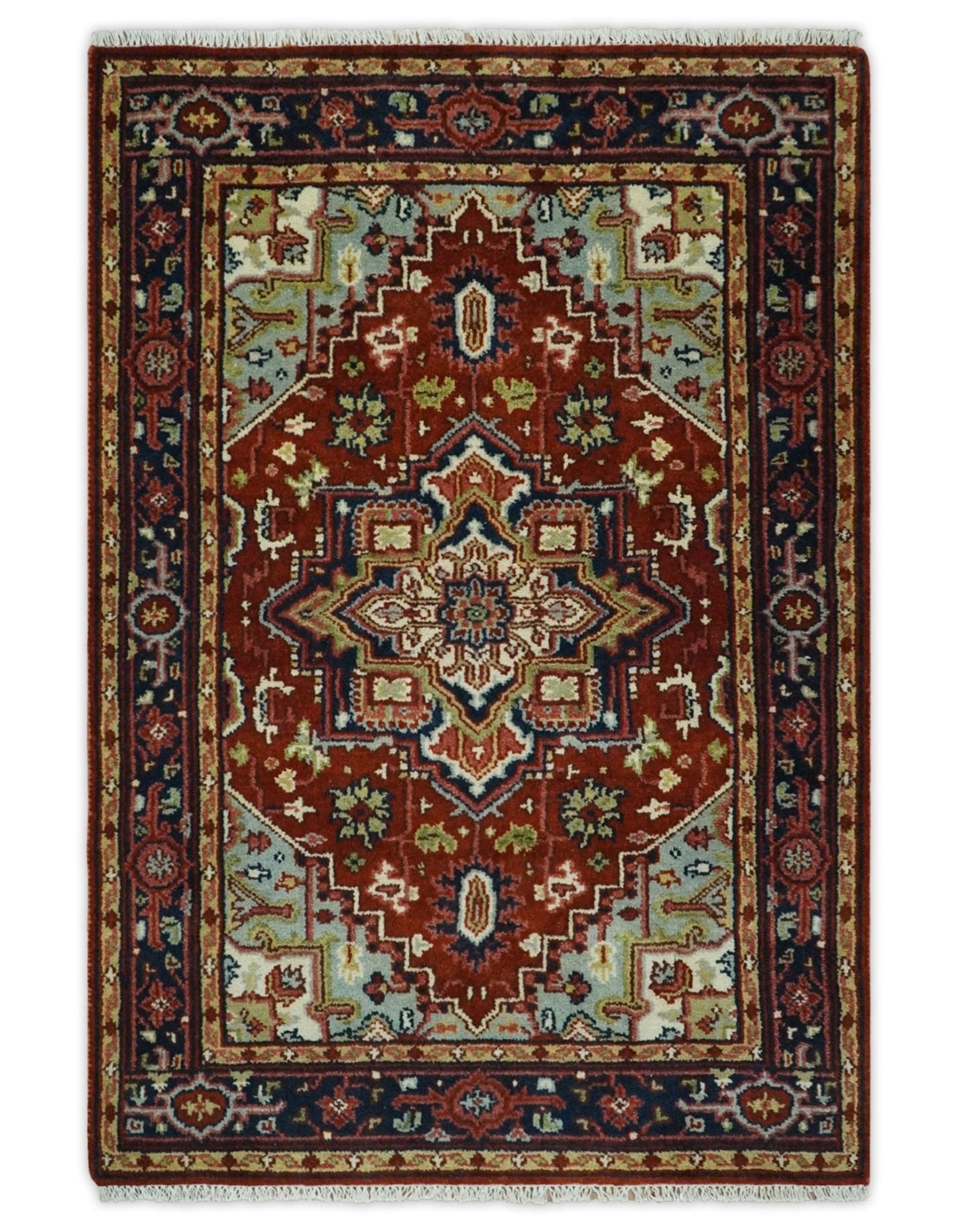 Rust and Blue Hand Knotted Traditional Persian Heriz Serapi Rug