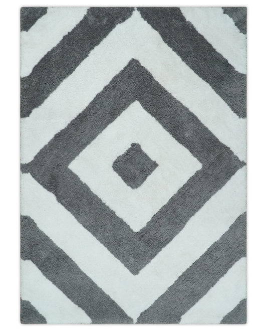 Hand Woven Shag Ivory and Gray Geometrical Pattern Art Silk Soft Viscose Area Rug