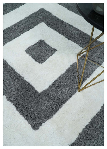 Hand Woven Shag Ivory and Gray Geometrical Pattern Art Silk Soft Viscose Area Rug