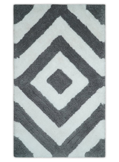 Hand Woven Shag Ivory and Gray Geometrical Pattern Art Silk Soft Viscose Area Rug