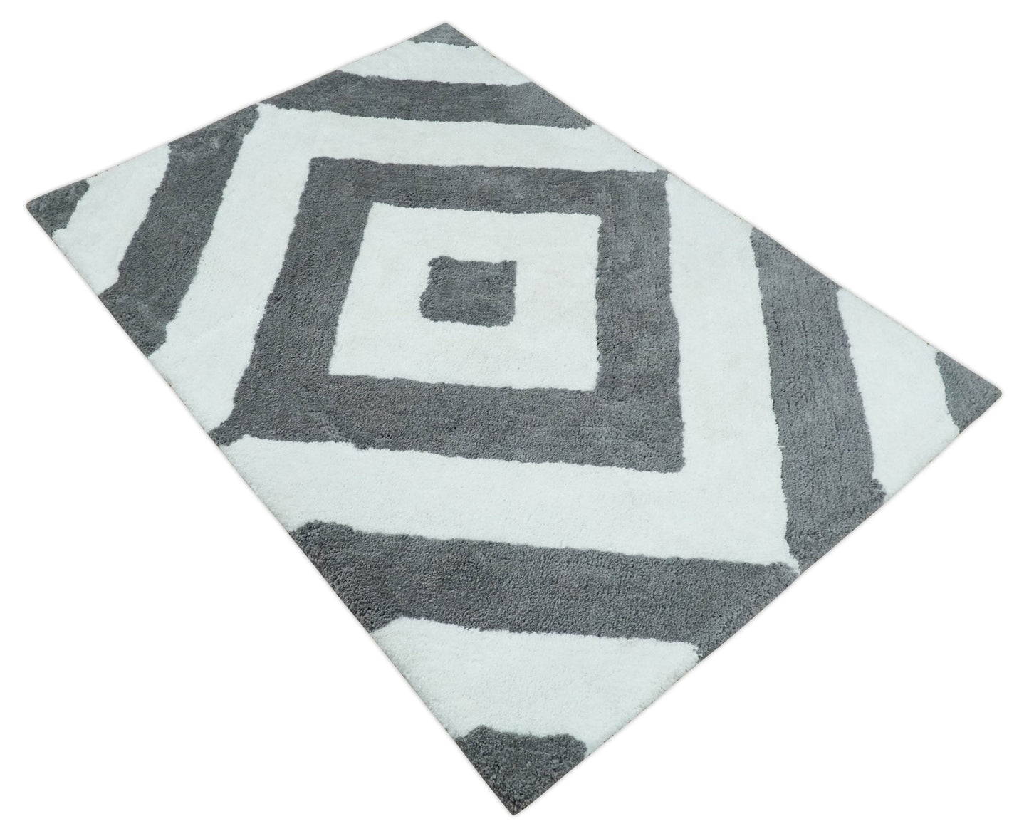 Hand Woven Shag Ivory and Gray Geometrical Pattern Art Silk Soft Viscose Area Rug