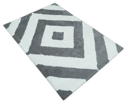 Hand Woven Shag Ivory and Gray Geometrical Pattern Art Silk Soft Viscose Area Rug