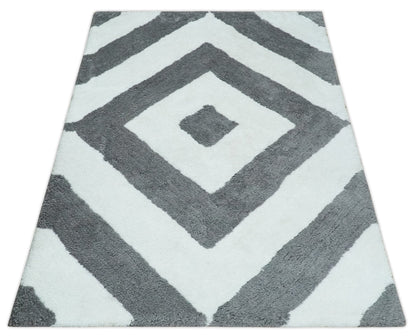 Hand Woven Shag Ivory and Gray Geometrical Pattern Art Silk Soft Viscose Area Rug