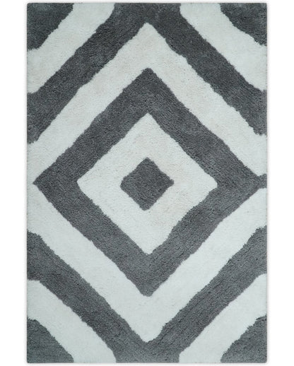 Hand Woven Shag Ivory and Gray Geometrical Pattern Art Silk Soft Viscose Area Rug