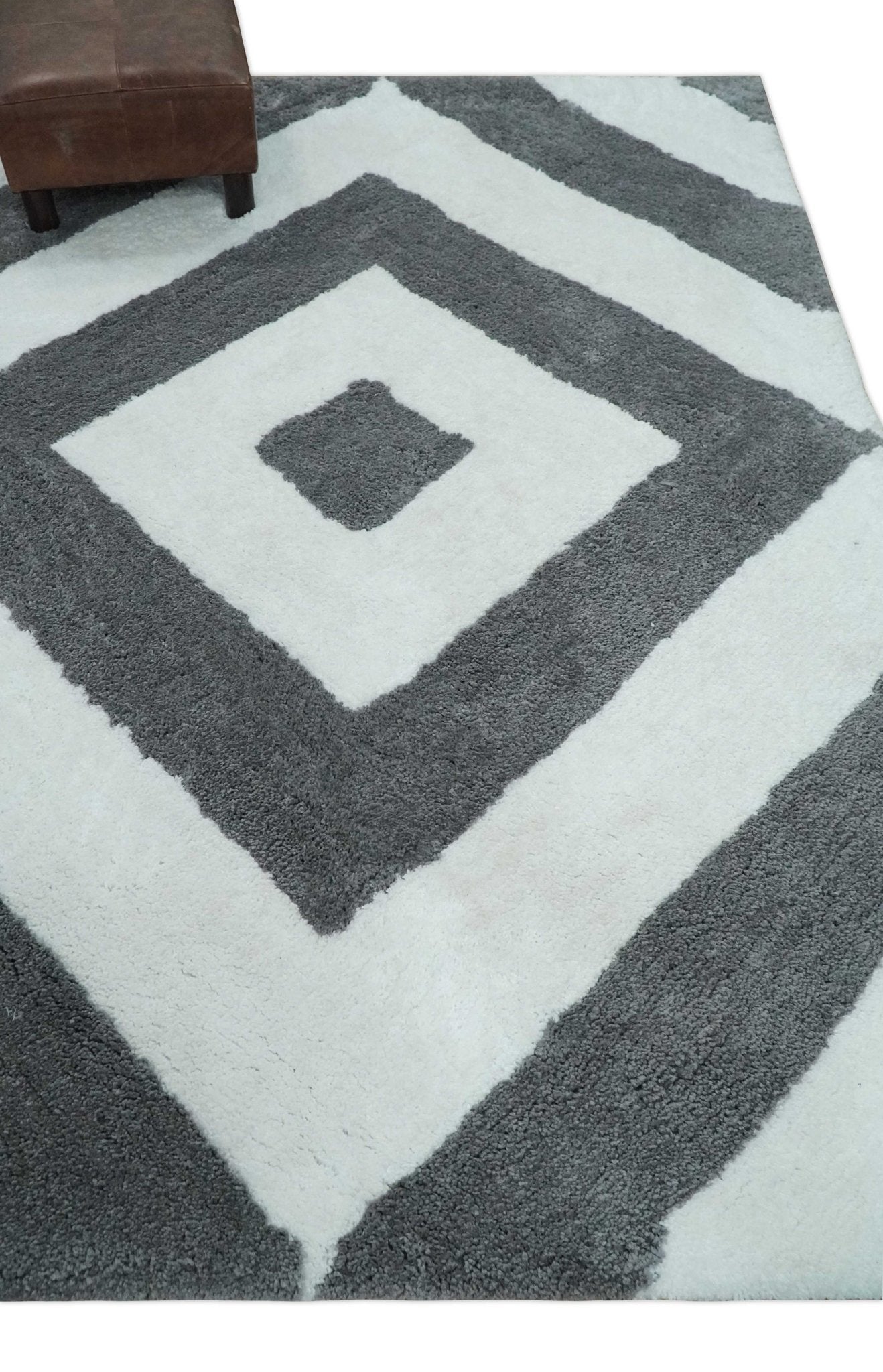 Hand Woven Shag Ivory and Gray Geometrical Pattern Art Silk Soft Viscose Area Rug