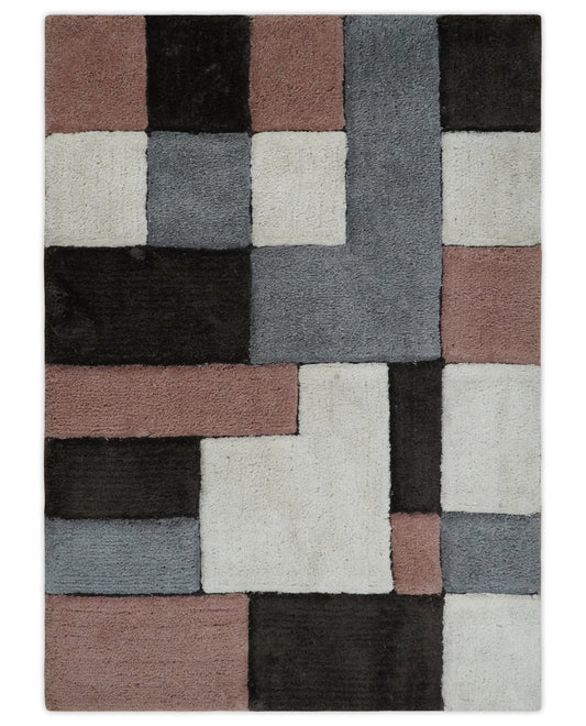 Hand Woven Shag Ivory, Charcoal, and Peach Art Silk Soft Area Rug