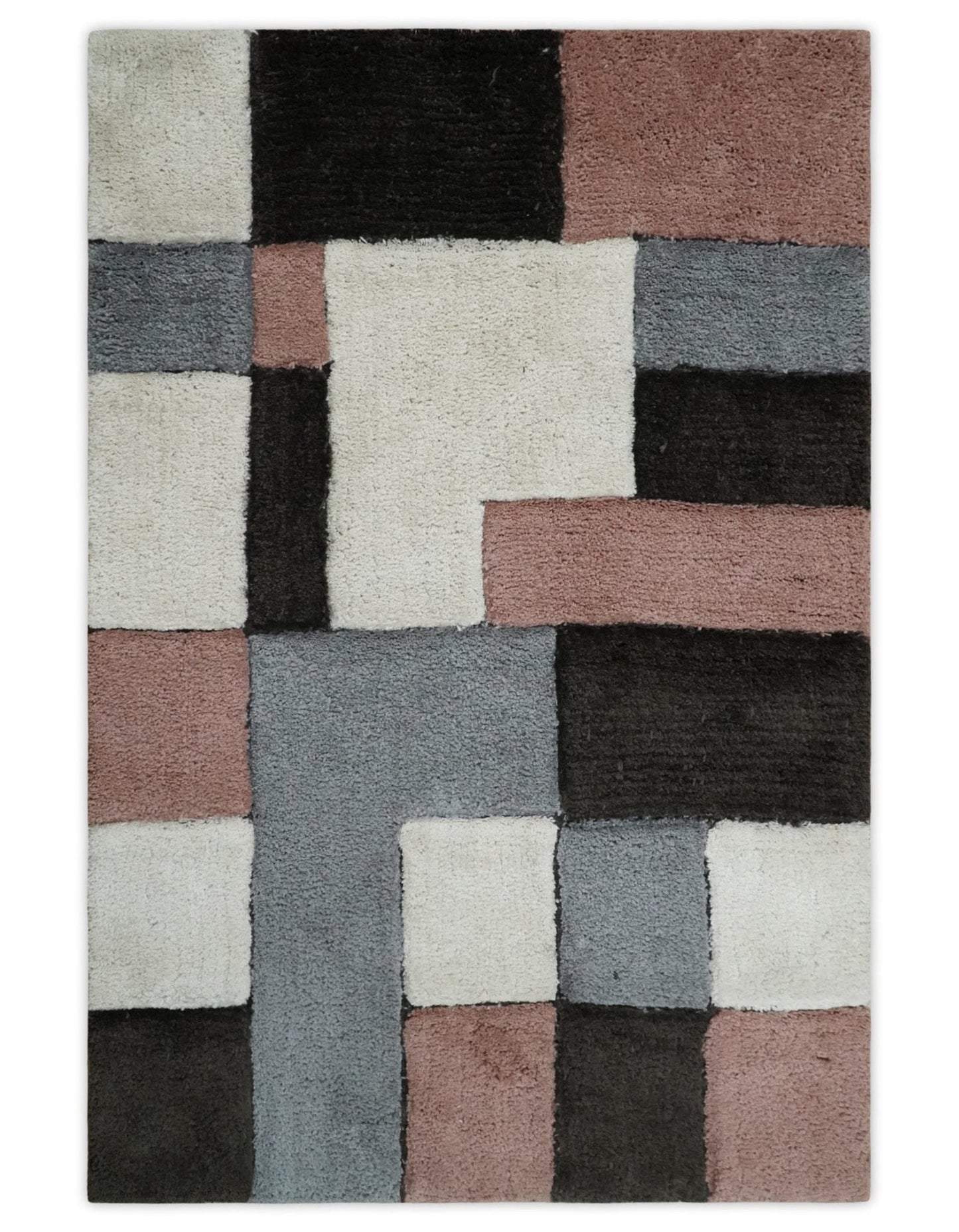 Hand Woven Shag Ivory, Charcoal, and Peach Art Silk Soft Area Rug