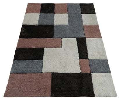 Hand Woven Shag Ivory, Charcoal, and Peach Art Silk Soft Area Rug