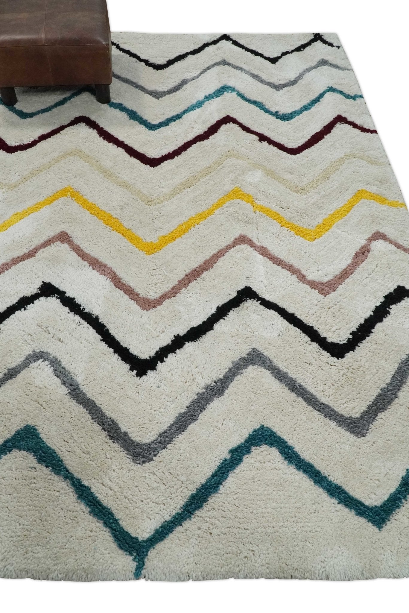 Hand Woven Shag Ivory with multicolor Stripes Art Silk Soft Area Rug