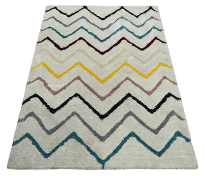 Hand Woven Shag Ivory with multicolor Stripes Art Silk Soft Area Rug