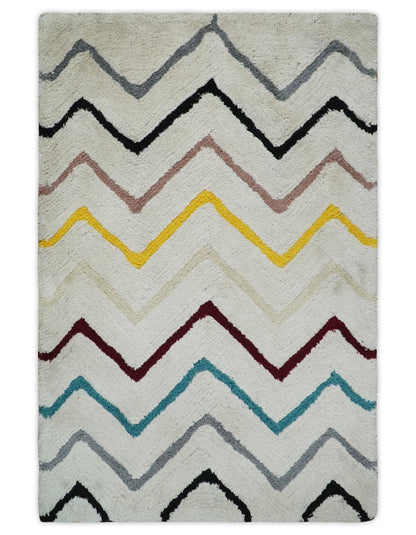 Hand Woven Shag Ivory with multicolor Stripes Art Silk Soft Area Rug