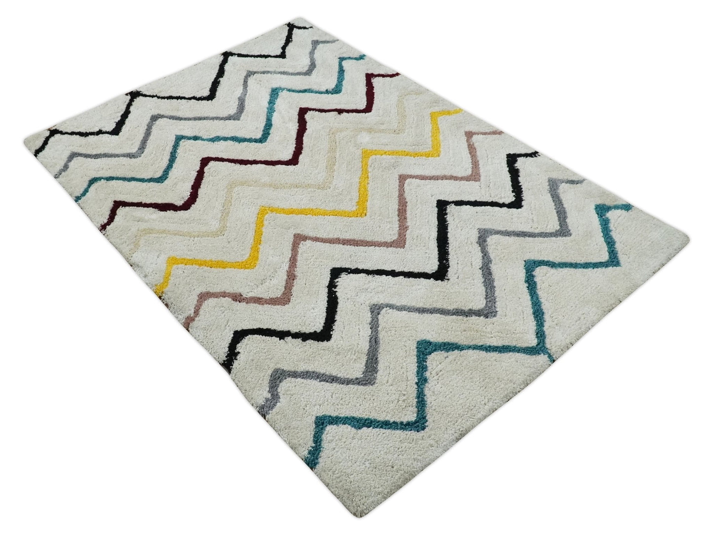 Hand Woven Shag Ivory with multicolor Stripes Art Silk Soft Area Rug