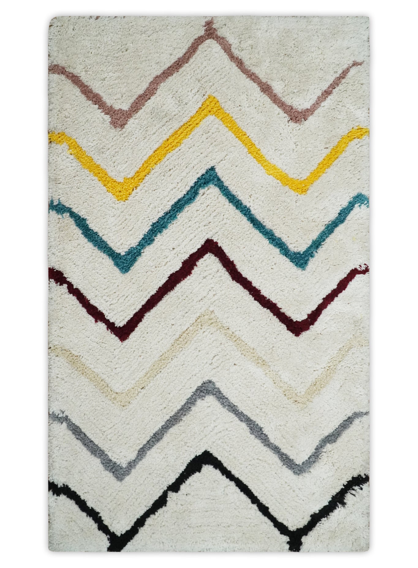 Hand Woven Shag Ivory with multicolor Stripes Art Silk Soft Area Rug