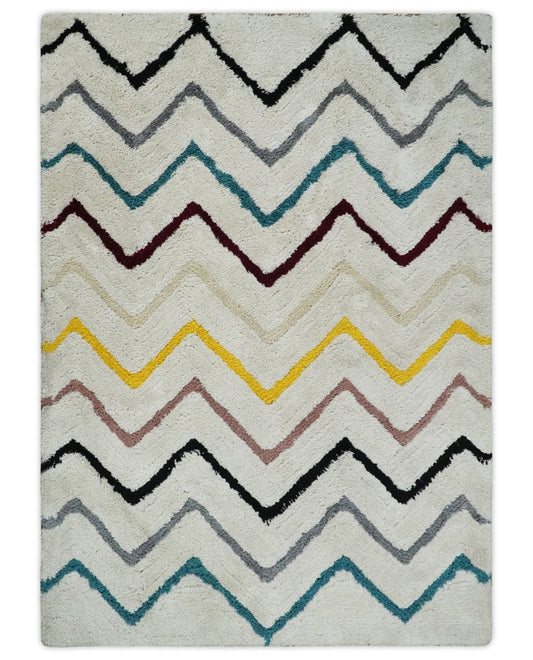 Hand Woven Shag Ivory with multicolor Stripes Art Silk Soft Area Rug